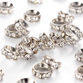 Brass Rhinestone Spacer Beads, Grade A, Rondelle, Platinum Metal Color, Crystal, 7x3.3mm, Hole: 3.5mm
