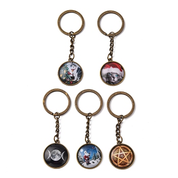 Alloy Keychain, Wicca Jewelry, with Glass, Flat Round with Mixed Patterns, Antique Bronze, 80x25mm