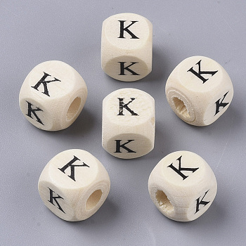 Printed Natural Wood Beads, Horizontal Hole, Cube with Initial Letter, PapayaWhip, Letter.K, 10x10x10mm, Hole: 3.5mm, about 1000pcs/500g