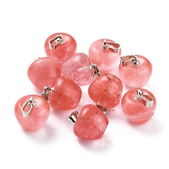 Cherry Quartz Glass Pendants, with Platinum Brass Loops, Apple, 14~15x14x14mm, Hole: 6x3mm