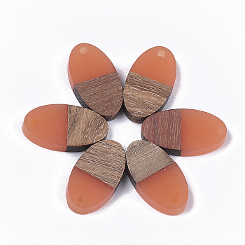 Resin & Walnut Wood Pendants, Oval, Coral, 20x11x3.5mm, Hole: 1.8mm