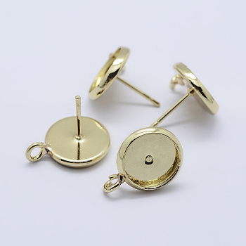 Brass Stud Earring Settings, with Loop, Flat Round, Golden, Tray: 10mm, 16x12mm, Hole: 2mm, Pin: 0.8mm