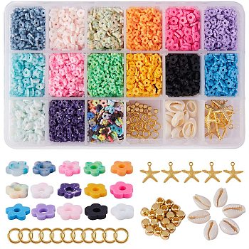 DIY Jewelry Making Kits, Including Polymer Clay Bead, Natural Mixed Cowrie Shell Beads, Alloy Pendants and Brass Jump Rings, Mixed Color, 4x4x1mm, Hole: 2mm, 135g/box