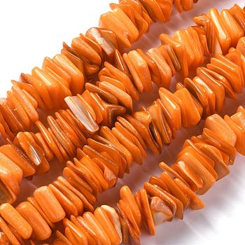 Natural Freshwater Shell Beads Strands, Dyed, Square, Orange, 11~16.5x10~13x1~7mm, Hole: 1.2mm, about 190pcs/strand, 14.96 inch(38cm)