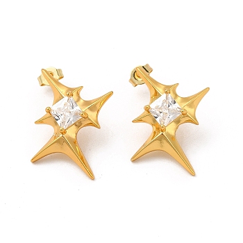 Clear Cubic Zirconia Star Stud Earrings, Rack Plating Brass Jewelry for Women, Cadmium Free & Lead Free, Real 18K Gold Plated, 27.5x24mm, Pin: 0.8mm