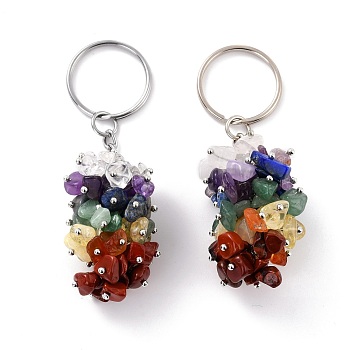Natural Mixed Stone Keychain, with Brass and Iron Findings, Cadmium Free & Lead Free, Platinum, 8.05cm