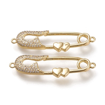 Brass Micro Pave Cubic Zirconia Links Connectors, Safety Pin Shape with Heart, Clear, Real 18K Gold Plated, 39x11x3.5mm, Hole: 1.2mm