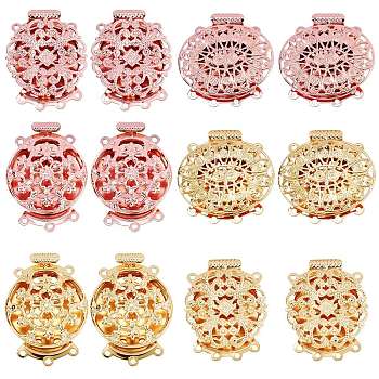 12 Sets 6 Style Brass Box Clasps, Multi-Strand Clasps, 3 & 4-Strands, 6 & 8 Holes, Long-Lasting Plated, Flower & Oval, Mixed Color, 2sets/style