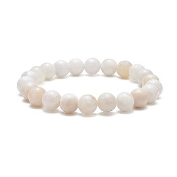 Dyed Natural Weathered Agate Round Beaded Stretch Bracelet for Women, Floral White, Inner Diameter: 2-3/8 inch(6cm)