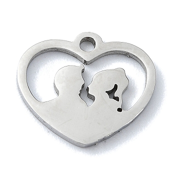 304 Stainless Steel Charms, Laser Cut, Heart with Couple Charm, Stainless Steel Color, 11.5x12.5x1mm, Hole: 1.2mm