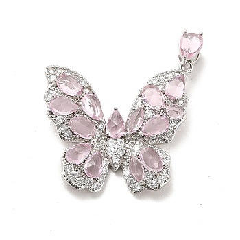 Brass Micro Pave Clear Cubic Zirconia Pendants, with Pink Glass, Butterfly Charm, Platinum, 27x32x5.5mm, Hole: 5.5x2mm