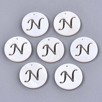 Natural Freshwater Shell Charms, Flat Round with Hollow Out Letter, Letter.N, 14.5x1.5mm, Hole: 0.9mm