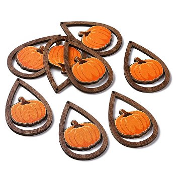 Halloween Theme Single Face Printed Aspen Wood Big Pendants, Teardrop Charm, Pumpkin Pattern, 54.5x34x2.5mm, Hole: 1.6mm