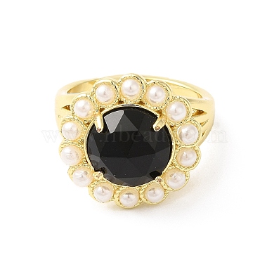 Natural Mixed Gemstone Flower Adjustable Ring with Plastic Pearl Beaded(RJEW-E075-02G)-3