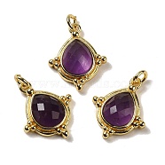 Natural Amethyst Faceted Pendants, Rhombus Charms with Rack Plating Golden Tone Brass Findings, Cadmium Free & Lead Free, 19.5x16x5mm, Hole: 3mm(G-C096-02G-08)