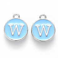 Platinum Plated Alloy Enamel Charms, Cadmium Free & Lead Free, Enamelled Sequins, Flat Round with Letter, Sky Blue, Letter.W, 14x12x2mm, Hole: 1.5mm(ENAM-S118-04W-P)