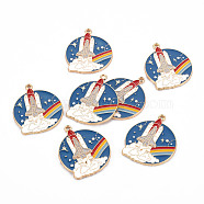 Eco-Friendly Alloy Enamel Pendants, Cadmium Free & Lead Free & Nickel Free, Light Gold, Flat Round with Rocket and Word SPACE TRAVEL, Colorful, 34x28x1.5mm, Hole: 1.8mm(ENAM-T011-58-NR)
