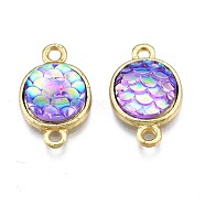 Alloy Resin Links connectors, Flat Round with Mermaid Fish Scale Shaped, Light Gold, Lilac, 18.5x11x4.5mm, Hole: 1.8mm(PALLOY-T056-26C)
