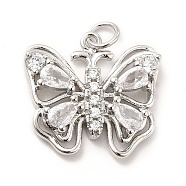 Rack Plating Brass Cubic Zirconia Pendants, Hollow Butterfly Charm, Long-Lasting Plated, with Jump Rings, Cadmium Free & Lead Free, Real Platinum Plated, 18.5x19x4.5mm, Hole: 3mm(KK-K270-15P)