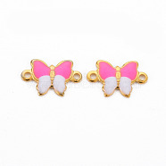 304 Stainless Steel Enamel Links Connectors, Two Tone, Butterfly, Real 16K Gold Plated, Cadmium Free & Nickel Free & Lead Free, Hot Pink, 6.5x10x1mm, Hole: 1mm(STAS-N088-21D-NR)
