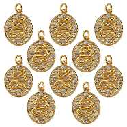 10Pcs Brass Micro Pave Clear Cubic Zirconia Pendants, with Jump Rings, Oval with Snake, Golden, 17x13x2mm, Hole: 3mm(ZIRC-SZ0003-04)