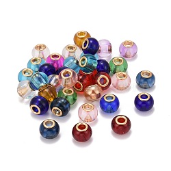 Glass European Beads, with Golden Plated Brass Double Cores, Large Hole Beads, Rondelle, Mixed Color, 15x11mm, Hole: 5mm(GPDL-Q013-M)