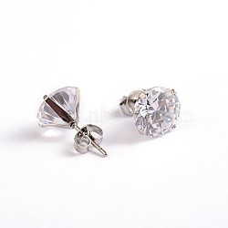 Flat Round  Cubic Zirconia Stud Earrings, with 304 Stainless Steel Pins, Stainless Steel Color, 5mm, Pin: 0.9mm(EJEW-H306-32P-5mm)