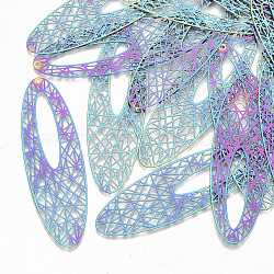 Ion Plating(IP) 201 Stainless Steel Filigree Big Pendants, Etched Metal Embellishments, Oval, Rainbow Color, 70x22x0.3mm, Hole: 1.4mm(X-STAS-S108-74)