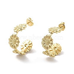 Ion Plating(IP) Sunflower 304 Stainless Steel Stud Earrings, Half Hoop Earrings, Real 14K Gold Plated, 23x10mm(EJEW-P258-20G)