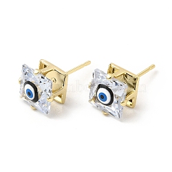 Square Glass with Enamel Evil Eye Stud Earrings, Real 18K Gold Plated Brass Jewelry for Women, Black, 9x9mm, Pin: 0.7mm(EJEW-P210-03G-05)