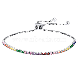 Anti-Tarnish Colorful Cubic Zirconia Tennis Bracelet, Adjustable Rhodium Plated 925 Sterling Silver Slider Bracelets, with 925 Stamp, Platinum, 6-1/4~9-1/8 inch(16~23cm)(BJEW-I314-004P)