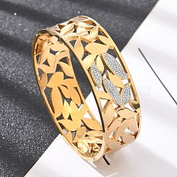 Ion Plating(IP) 304 Stainless Steel Hinged Bangles with Polymer Clay Rhinestones for Women, Leaf, Golden, Inner Diameter: 2-3/8x2 inch(5.95x5.05cm)(BJEW-Z080-04G)