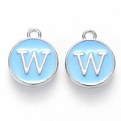 Platinum Plated Alloy Enamel Charms, Cadmium Free & Lead Free, Enamelled Sequins, Flat Round with Letter, Sky Blue, Letter.W, 14x12x2mm, Hole: 1.5mm(ENAM-S118-04W-P)