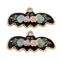 Halloween Theme Rack Plating Alloy Enamel Pendants, Golden, with Flower, Bat, 15x32x2.5mm, Hole: 2mm(X-FIND-Q099-02B-G)