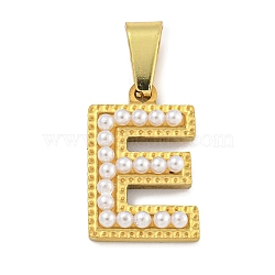 Ion Plating(IP) 304 Stainless Steel Pendants, with ABS Imitation Pearl, Letter E, 17x11x3mm, Hole: 6x3mm(STAS-U024-01E)