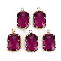 Transparent Glass Pendants, with Brass Prong Settings, Faceted, Rectangle, Light Gold, Medium Violet Red, 19x11x5.5mm, Hole: 1.6mm(GLAA-S193-002A)