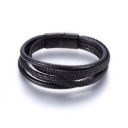 Leather Cord Multi-strand Bracelets, with 304 Stainless Steel Magnetic Clasp, Rectangle, Gunmetal, 7-7/8 inch(20cm), 12x6mm(BJEW-G603-36B)