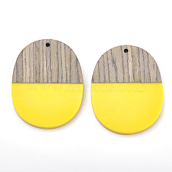 Resin & Wenge Wood Pendants, Oval, Yellow, 44.5x34.5~35.5x3~4mm, Hole: 2mm(RESI-T023-01B)