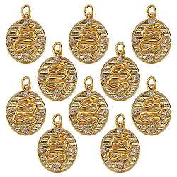 10Pcs Brass Micro Pave Clear Cubic Zirconia Pendants, with Jump Rings, Oval with Snake, Golden, 17x13x2mm, Hole: 3mm(ZIRC-SZ0003-04)