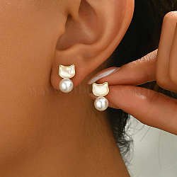 Elegant Brass Imitation Pearl Stud Earrings Women's Daily Jewelry, Golden, Cat Shape, 13x10mm(DV0468-3)