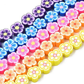 Handmade Polymer Clay Bead Strands, Flower, Mixed Color, 7.5~10x7~11x3.5~5mm, Hole: 1.6mm, about 38~40pcs/strand, 13.58 inch~14.57 inch(34.5~37cm)