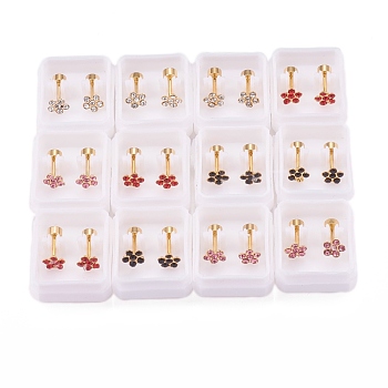 304 Stainless Steel Earlobe Plugs, Screw Back Earrings, with Rhinestone, Flower, Golden, Mixed Color, 10mm, Pin: 1mm