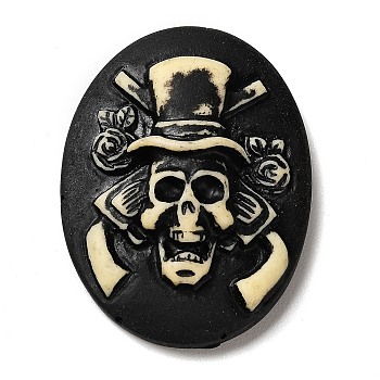 Halloween Opaque Resin Cabochons, Oval with Skull, Black, 39x29x10mm