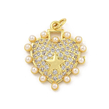 Rack Plating Brass Pave Cubic Zirconia Pendants, with ABS Imitation Pearl, Cadmium Free & Lead Free, Long-Lasting Plated, Heart with Star Pattern, Real 18K Gold Plated, 23.5x20x4.5mm, Hole: 3mm