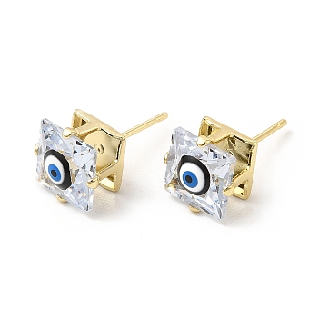 Square Glass with Enamel Evil Eye Stud Earrings, Real 18K Gold Plated Brass Jewelry for Women, Black, 9x9mm, Pin: 0.7mm