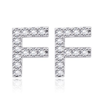 Brass Cubic Zirconia Stud Earrings, with Ear Nuts, Alphabet, Letter F, Clear, Platinum, 12x9x3mm, Pin: 0.7mm