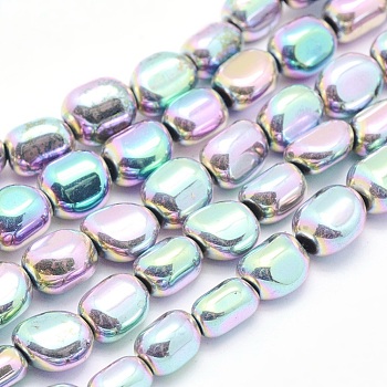 Electroplate Non-magnetic Synthetic Hematite Beads Strands, Nuggets, Rainbow Plated, 7x4~5mm, Hole: 1mm, about 57pcs/strand, 15.7 inch(40cm)