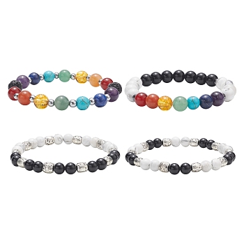 4Pcs 4 Style Natural & Synthetic Mixed Gemstone Strech Bracelets Set, Alloy Round Beaded Stackable Bracelets for Women, Inner Diameter: 2-1/4~2-3/8 inch(5.8~6.1cm), 1Pc/style