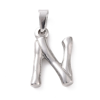 304 Stainless Steel Pendants, Bamboo Style, Stainless Steel Color, Letter.N, 19x13x3mm, Hole: 3x7mm
