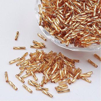 Glass Twisted Bugle Beads, Metallic Colours,Gold, 6x2mm, Hole: 0.5mm, about 10000pcs/bag